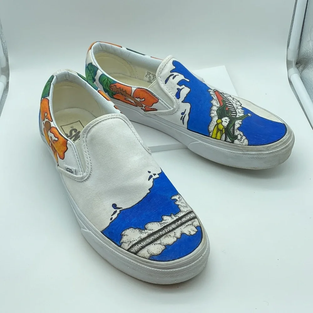 Custom artist design Vans classic slip-on Hawaiian surfboard theme One Of A Kind - Picture 5 of 12